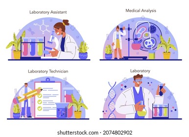 Laboratory assistant set. Pharmaceutical research, scientist making clinical test and analysis. New medicine development. Researcher with microscope. Flat vector illustration