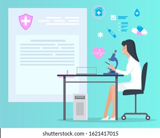 Laboratory assistant sitting by table and looking through microscope, exploring preparation. Paper document on background, health insurance map, card. Vector illustration of laborant in flat style