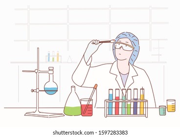 Laboratory assistant with test tube.Hand drawn style vector design illustrations.