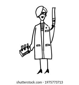 A laboratory assistant with test tubes, a female chemist. Hand-drawn drawing. Vector doodle illustration