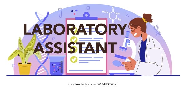 Cabecera tipográfica auxiliar de laboratorio. Investigación farmacéutica, análisis y pruebas clínicas de científicos. Investigador con microscopio. Ilustración vectorial plana