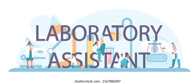 Laboratory assistant typographic header. Pharmaceutical research, scientist making clinical test. New medicine development. Researcher with microscope. Flat vector illustration