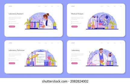Banner web de asistente de laboratorio o página de aterrizaje. Investigación farmacéutica, análisis y pruebas clínicas de científicos. Investigador con microscopio. Ilustración vectorial plana