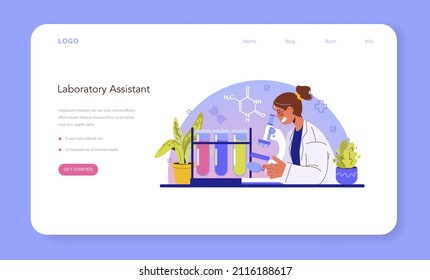 Laboratory assistant web banner or landing page. Pharmaceutical research, scientist making clinical test and analysis. Researcher with microscope. Flat vector illustration