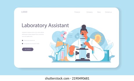 Banner o página de aterrizaje de asistente de laboratorio. Investigación farmacéutica, análisis de científicos. Nuevo desarrollo de la medicina. Investigador con microscopio. Ilustración vectorial plana