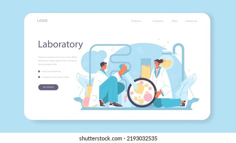 Laboratory Assistant Web Banner Or Landing Page. Pharmaceutical Research, Scientist Making Clinical Test. New Medicine Development. Researcher With Microscope. Flat Vector Illustration