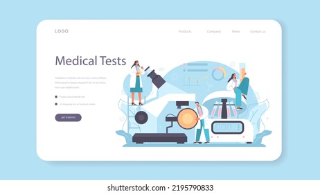 Laborassistent Web-Banner oder Landing-Seite. Pharmazeutische Forschung, Wissenschaftler, die klinische Tests durchführen. Entwicklung neuer Arzneimittel. Forscher mit Mikroskop. Flache Vektorgrafik
