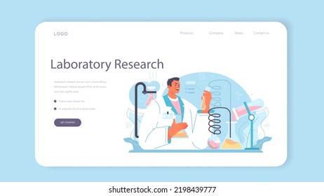 Laboratory assistant web banner or landing page. Pharmaceutical research, scientist making clinical test. New medicine development. Researcher with microscope. Flat vector illustration