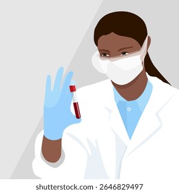 Assistente de laboratório com um casaco branco segurando um tubo de ensaio com sangue na mão. Ilustração de exame de sangue de laboratório.