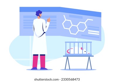 Laboratory assistant in white coat studying results of research on stand, looking at diagrams. Production of substances in laboratory. Flat vector illustration in blue colors