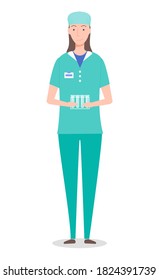 Laboratory assistant woman holding stand with empty test tubes in hands, professional medical assistant with glass flasks, flat cartoon character portrait in medical gown and protective hat smiling