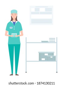 Laboratory assistant woman holding stand with empty test tubes in hands. Professional medical worker with glass flasks. Flat cartoon character portrait in medical gown and protective hat works in lab