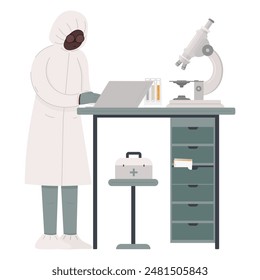 The laboratory assistant is working behind a laptop, which is placed on the table. On the same table, there are test tubes and a microscope
A first aid kit is placed on the chair.