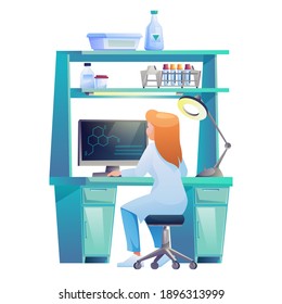 Laborassistent, der am Computer arbeitet, Experimente durchführt, Wissenschaftler sitzt auf dem Stuhl am Tisch. Vektorwissenschaftlerin forscht DNA-Zellen, erstellt Covid-Coronavirus-Impfstoff, Gesundheitswesen