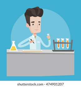 Laboratory assistant working with a test tube and taking some notes. Laboratory assistant analyzing liquid in test tube. Scientist holding a test tube. Vector flat design illustration. Square layout.
