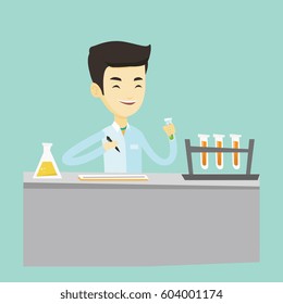 Laboratory assistant working with a test tube and taking some notes. Laboratory assistant analyzing liquid in test tube. Scientist holding a test tube. Vector flat design illustration. Square layout.