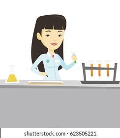 Laboratory assistant working with a test tube and taking some notes. Scientist analyzing liquid in test tube. Scientist holding test tube. Vector flat design illustration isolated on white background.