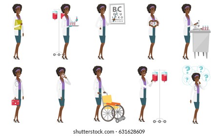 Auxiliar de laboratorio trabajando con un tubo de ensayo. Auxiliar de laboratorio analizando la sangre en el tubo de ensayo. Científico sosteniendo un tubo de ensayo. Conjunto de ilustraciones de diseño plano vectorial aisladas en fondo blanco.
