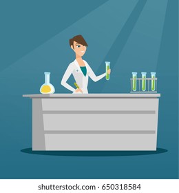 Auxiliar de laboratorio trabajando con un tubo de ensayo y tomando algunas notas. Auxiliar de laboratorio analizando líquido en un tubo de ensayo. Científico sosteniendo un tubo de ensayo. Ilustración de diseño plana vectorial. Diseño cuadrado