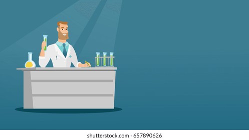 Laboratory assistant working with a test tube and taking some notes. Young scientist analyzing liquid in a test tube. Scientist holding a test tube. Vector flat design illustration. Horizontal layout.