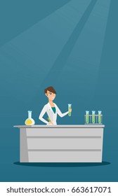 Auxiliar de laboratorio trabajando con un tubo de ensayo y tomando algunas notas. Científico joven analizando líquido en un tubo de ensayo. Científico sosteniendo un tubo de ensayo. Ilustración de diseño plana vectorial. Diseño vertical.