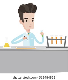 Laboratory assistant working with a test tubes. Laboratory assistant taking some notes. Laboratory assistant analyzing liquid in test tube. Vector flat design illustration isolated on white background