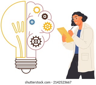 Laboratory assistant works with business creative plan, create idea of new project, planning startup. Male scientist writes, stands near light bulb isolated on white. Light bulb as innovation idea