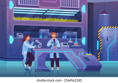 Laboratory assistants biologists exploring new methods of plant breeding and agricultural genetics. Plants growing in sealed chamber. Organic lab scientists testing plants quality, green technology