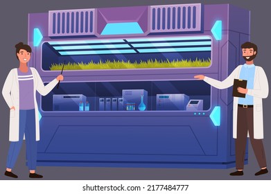 Laboratory assistants biologists exploring new methods of plant breeding and agricultural genetics. Plants growing in sealed chamber. Organic lab scientists testing plants quality, green technology