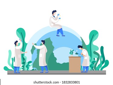 Laboratory assistants conduct experiments with plants, study the impact on the environment. Ecological researcher analyzing test data, communicating. Scientist holding test tube, sitting on the globe