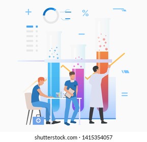 Laboratory assistants drawing graph and working with tubes vector illustration. Laboratory, pharmacy, analysis. Chemistry concept. Creative design for layouts, web pages, banners