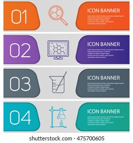 Laboratory banner templates set. Easy to edit. Beaker, molecular science and analysis, ring stand with flask. Website menu items with linear icons.  Vector headers design concepts