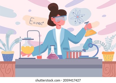 Laboratory banner. Woman scientist doing tests in flasks in lab background. Scientific research on professional equipment poster. Vector illustration for backdrop or placard in flat cartoon design