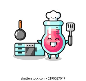 laboratory beaker character illustration as a chef is cooking , cute style design for t shirt, sticker, logo element