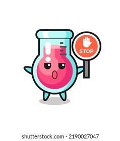 laboratory beaker character illustration holding a stop sign , cute style design for t shirt, sticker, logo element