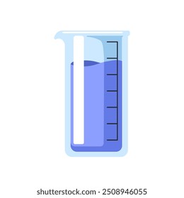 Laboratory beaker. Chemistry lab glassware for measuring liquid chemicals. Transparent graduated container, measurement equipment. Flat cartoon vector illustration isolated on white background