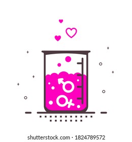 Laboratory Beaker filled with red Liquid and  Venus and Mars Signs. Heterosexual Love Concept. Outlined Flat Style Illustration isolated on White Background