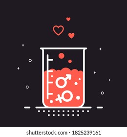Laboratory Beaker filled with red Liquid with Mirror of Venus and Spear of Mars Signs. Heterosexual Love Concept. Outlined Flat Style Illustration isolated on Black Background
