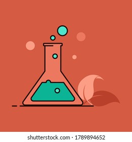 Laboratory beaker or flask with leaves. Concept of ecology. 