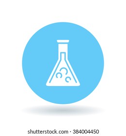 Laboratory beaker icon. Chemistry lab beaker flask sign. Science beaker symbol. White laboratory beaker icon on blue circle background. Vector illustration.