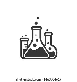 Laboratory beaker icon. Сhemical experiment in flask. Сhemistry and biology symbol. Flask vector illustration. Science technology. Isolated black object on white background.