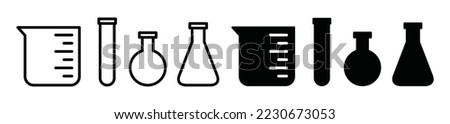 Laboratory beaker icon set. Сhemistry and biology symbol in flat and outline style. Chemical test tube icon. Laboratory glassware or beaker equipment tools. Сhemical experiment in flask vector 