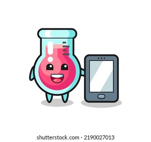 laboratory beaker illustration cartoon holding a smartphone , cute style design for t shirt, sticker, logo element