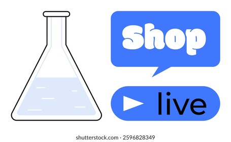 Laboratory beaker with liquid, blue Shop text bubble, and live play button. Ideal for online shopping, e-commerce, science, live streaming, and marketing. Modern and clean style