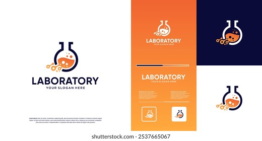 Logotipo do copo de laboratório, com o conceito de moléculas de tecnologia digital, ciência, modelo de design gráfico.