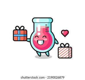 laboratory beaker mascot cartoon giving the gift , cute style design for t shirt, sticker, logo element