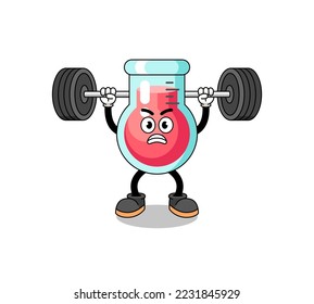 laboratory beaker mascot cartoon lifting a barbell , character design