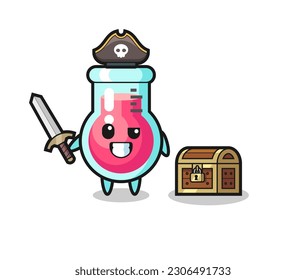 the laboratory beaker pirate character holding sword beside a treasure box , cute style design for t shirt, sticker, logo element