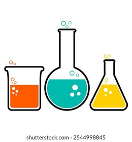  Copos e frascos de laboratório com bolhas. Ciência e tecnologia. Isolado no fundo branco.