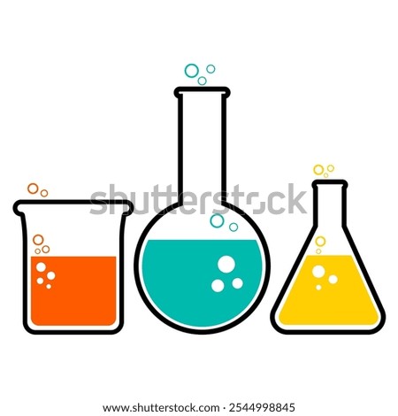  Laboratory beakers and flasks with bubbles. Science technology. Isolated on white background.